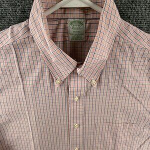 Brooks Brothers Non-Iron Button-Down Milano Cotton 16.5 35 Check Pink Pocket Men